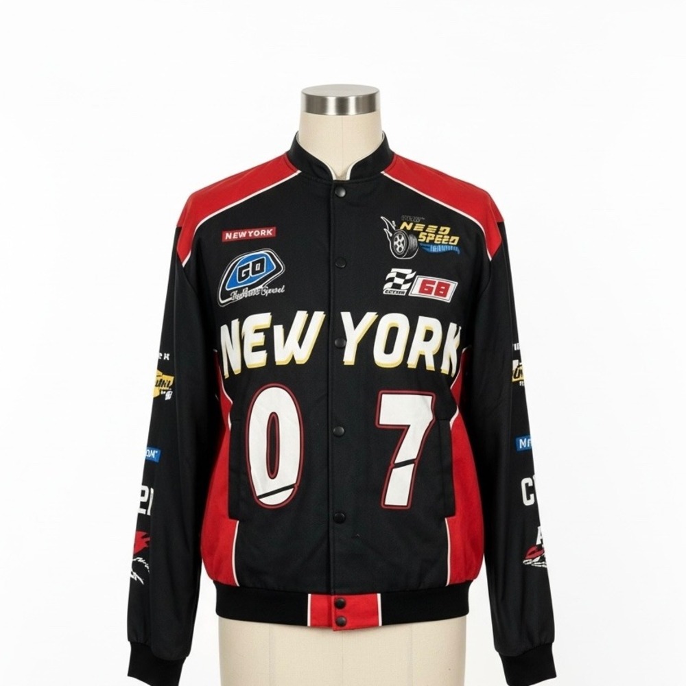 Romwe Mens Racing Bomber Jacket New York 07 Graphic Black Red XXL